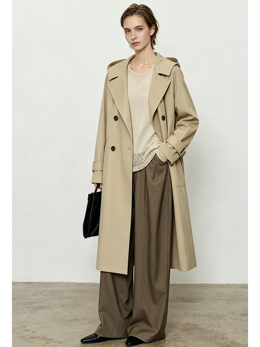 Khaki hooded long trench coat with notched lapels and double-breasted buttons