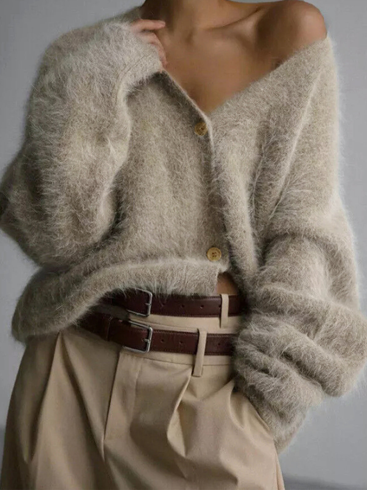 Fuzzy knit V-neck cardigan with long sleeves and button front, light khaki color