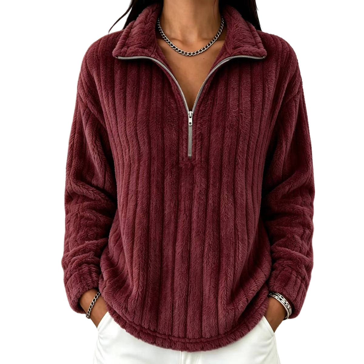 Women’s ribbed plush zip-up pullover sweatshirt in wine red, long sleeves