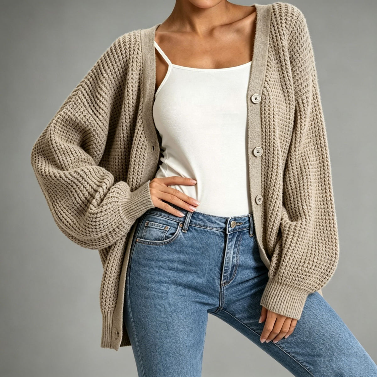 Oatmeal textured knit cardigan with button front, shawl collar, ribbed cuffs and hem