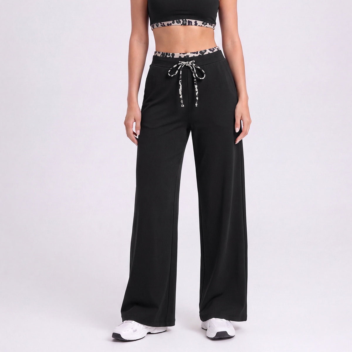 Women's straight-leg athletic pants, black with leopard-trim drawstring waist tie