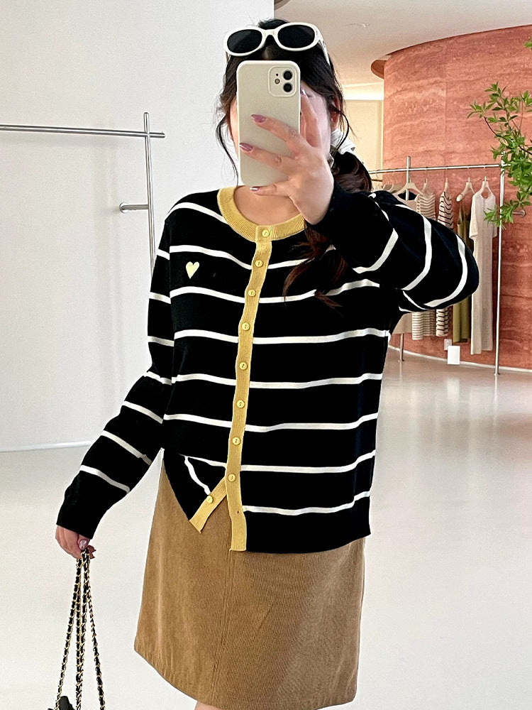 Striped Cardigan for Women — Button Front Knit with Contrast Trim in Soft Cotton