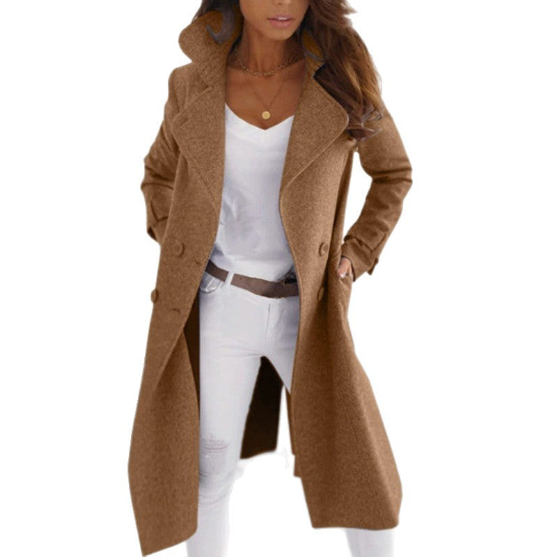 Women's long wool coat, tan with notch lapels and double-breast button front