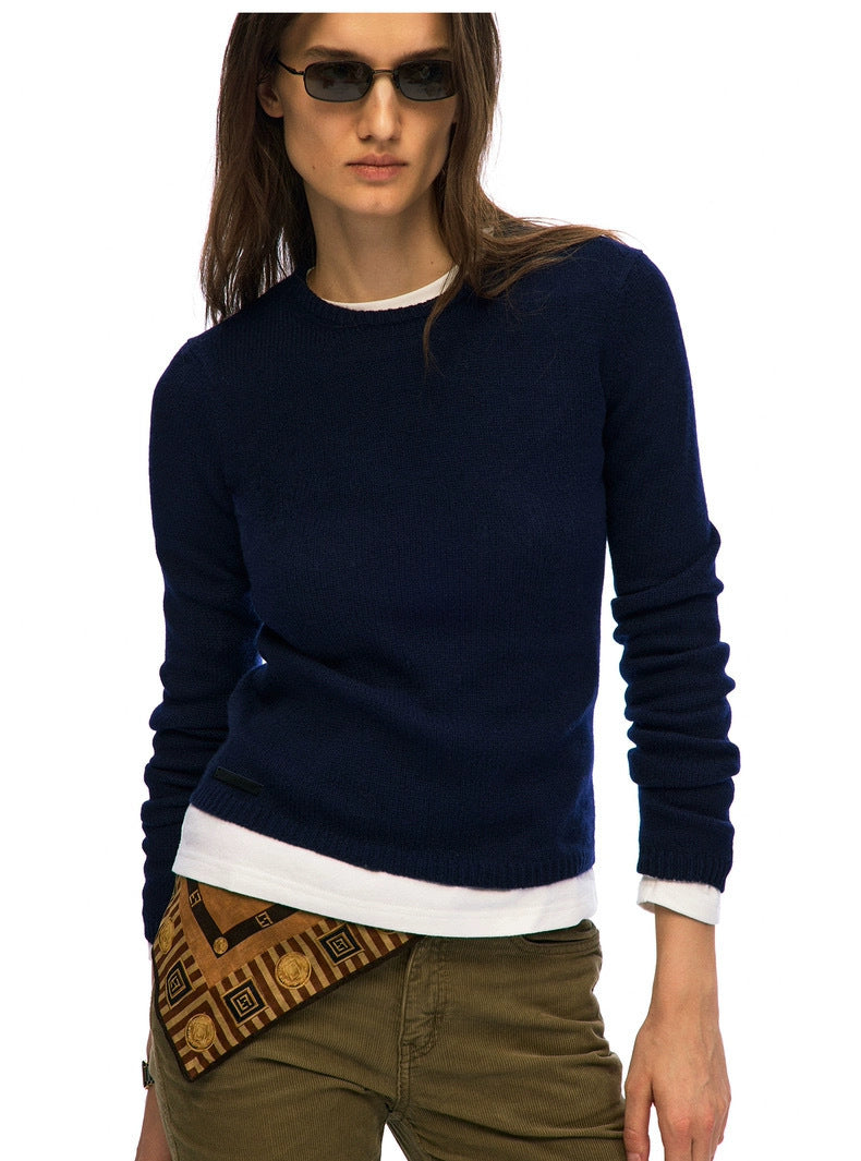 Wool knit sweater, fitted navy crewneck pullover with long sleeves and ribbed trim