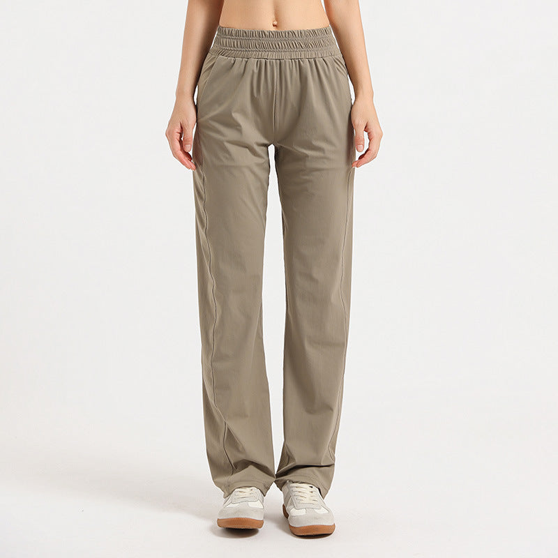 Women's loose sports trousers, khaki beige, elastic waistband, straight relaxed leg
