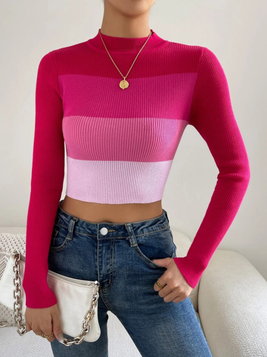 Long Sleeve Crop Top for Women — Mock Neck Color Block Slim Fit in Ribbed Knit