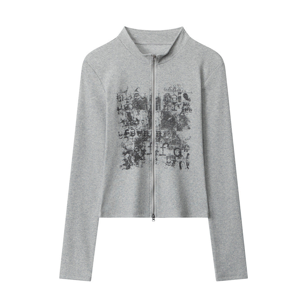 Women's gray slim stand-collar zip-up long-sleeve top with abstract front print