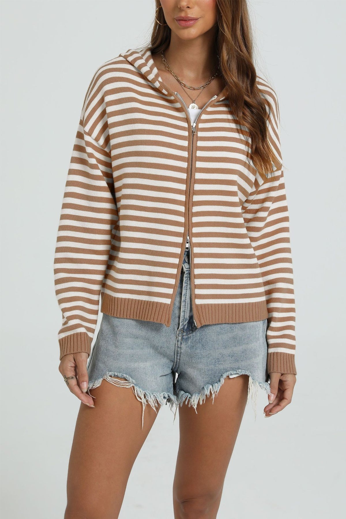 Brown-and-cream striped hooded knit zip cardigan with ribbed cuffs