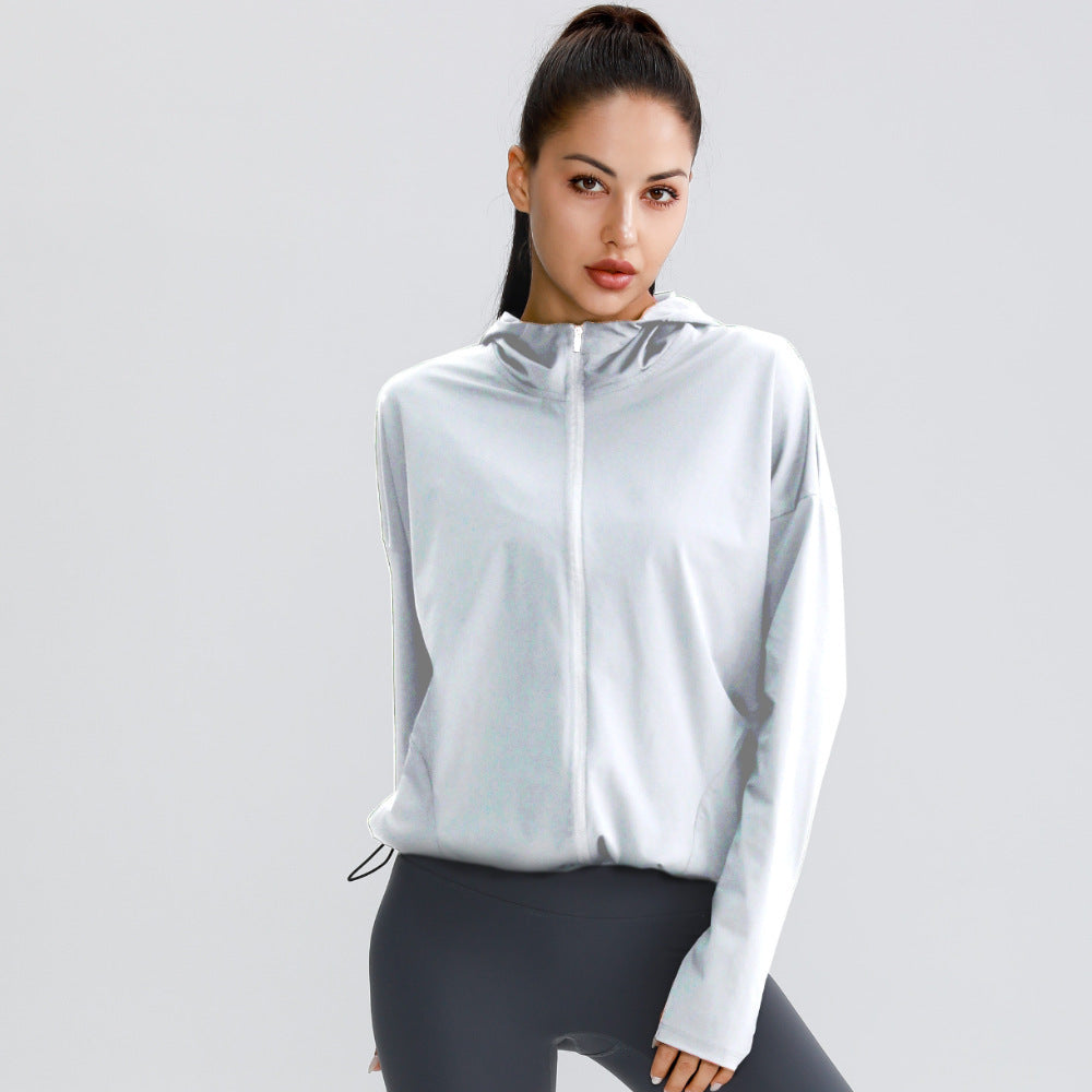 White zip-up hooded jacket for women, long sleeves, loose fit