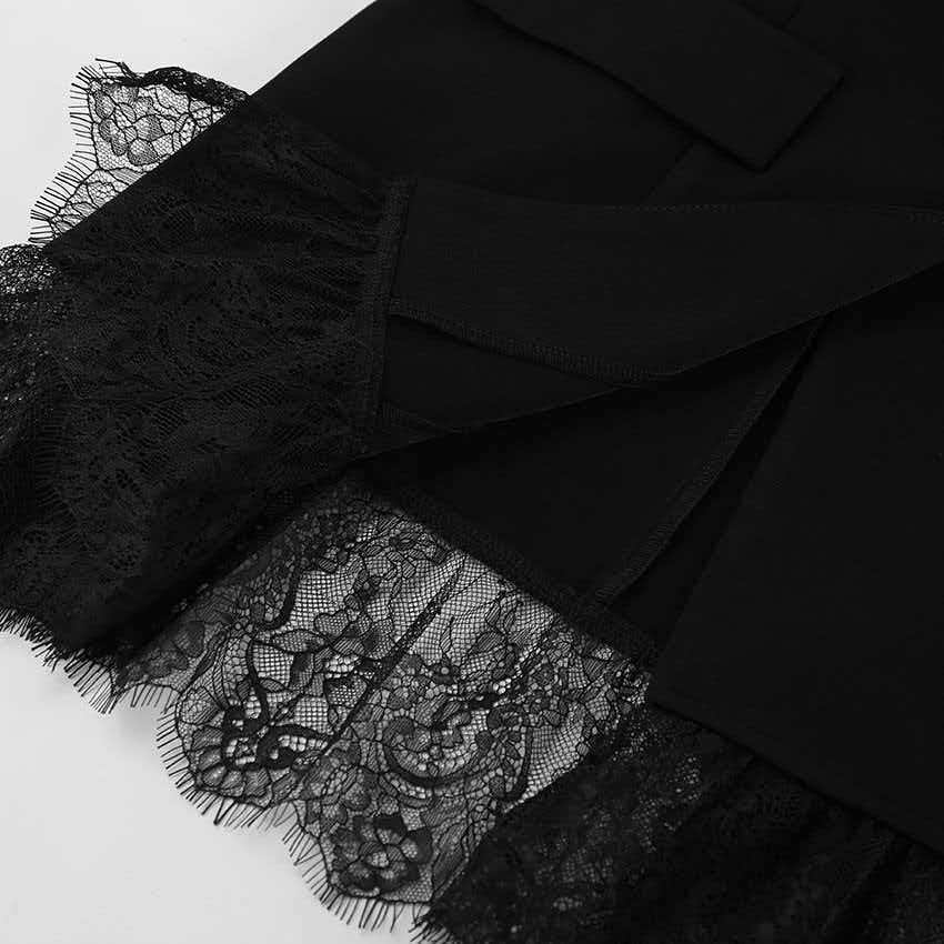Black blazer mini dress detail: lacey feather trim along hem and cuff