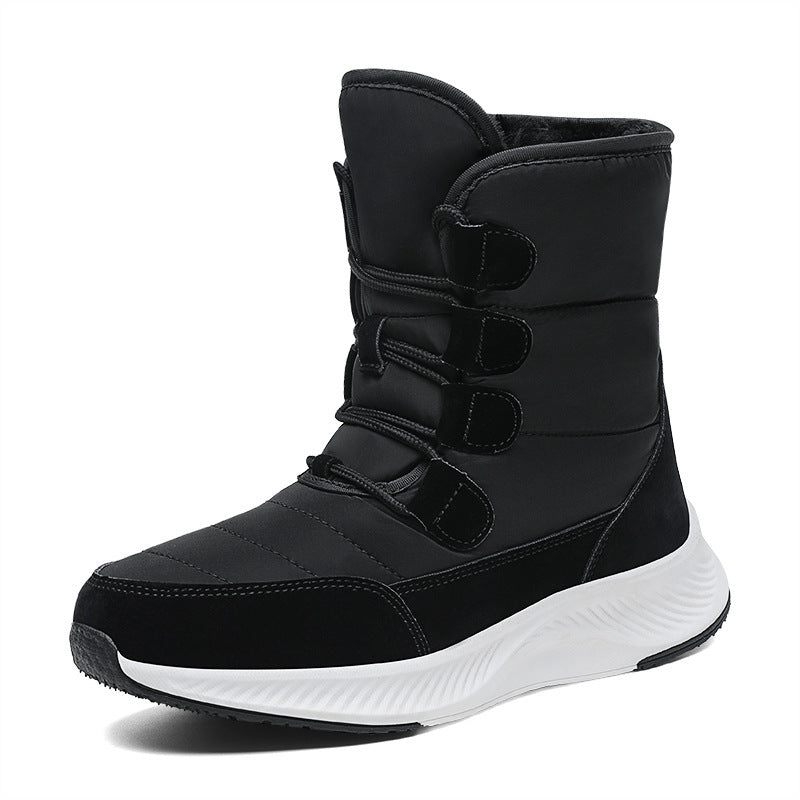 Black high-top winter snow boot with fleece lining, hook-and-loop straps, and sculpted outsole