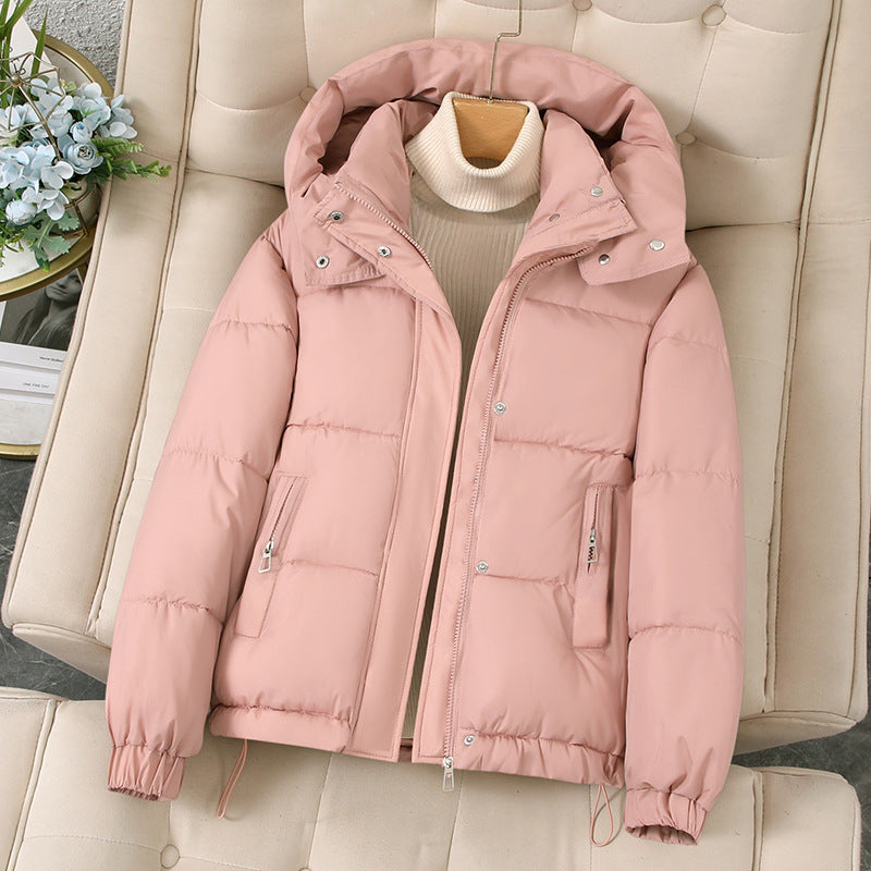 Women’s hooded short puffer jacket, dusty pink, full zip with snap placket and side zipper pockets
