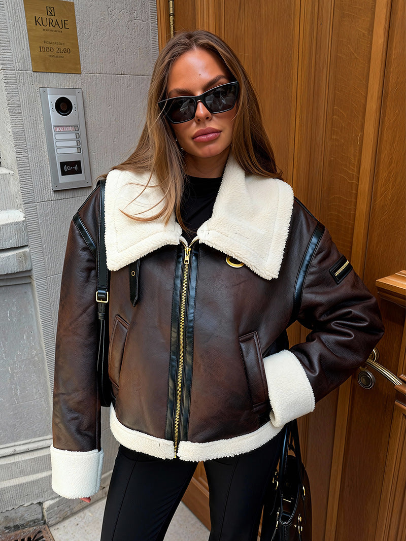 Women's suede-fur trimmed coat, dark brown with cream shearling collar and zip front