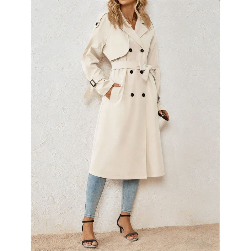 Long Trench Coat for Women — Classic Double Breasted Belted Style in Cotton