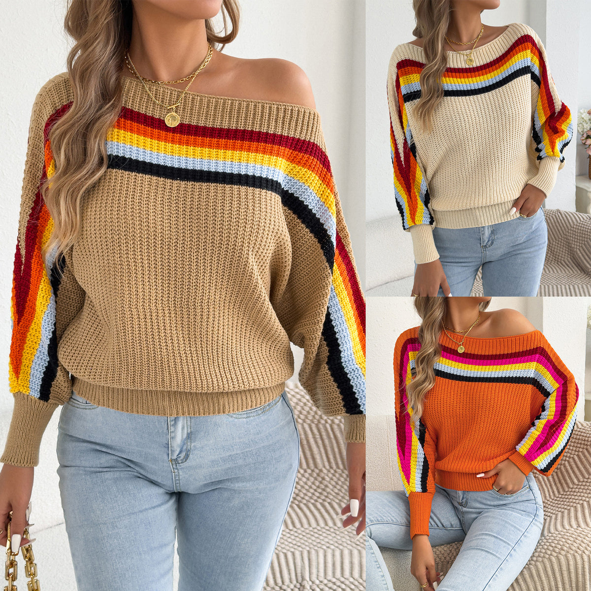 Beige off-shoulder knit sweater with rainbow striped yoke and long lantern sleeves
