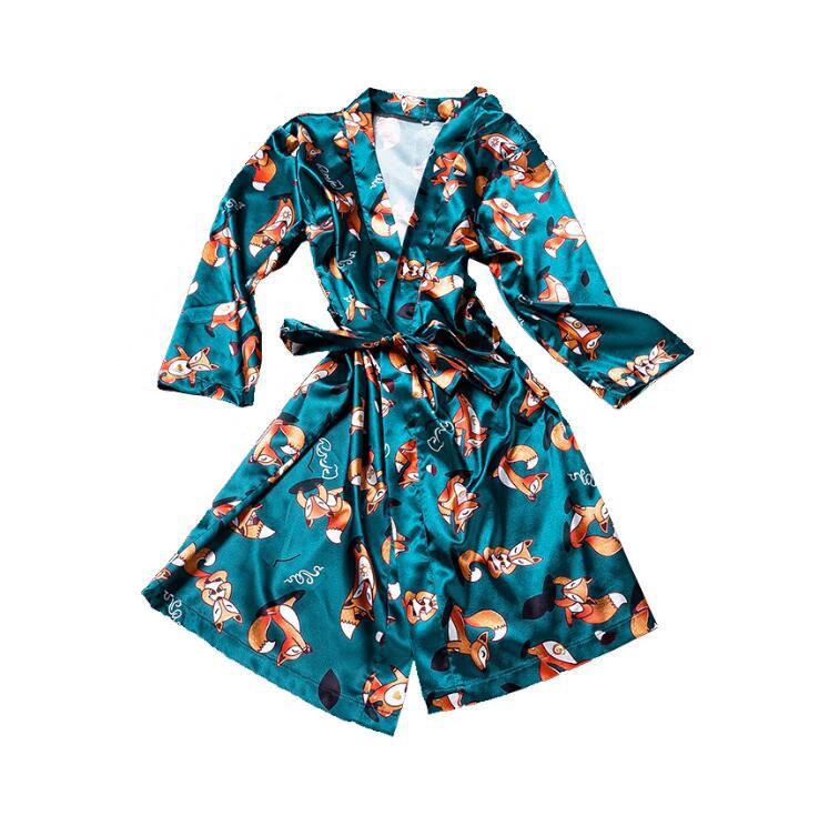 Silk-look printed fox robe with belt, teal blue