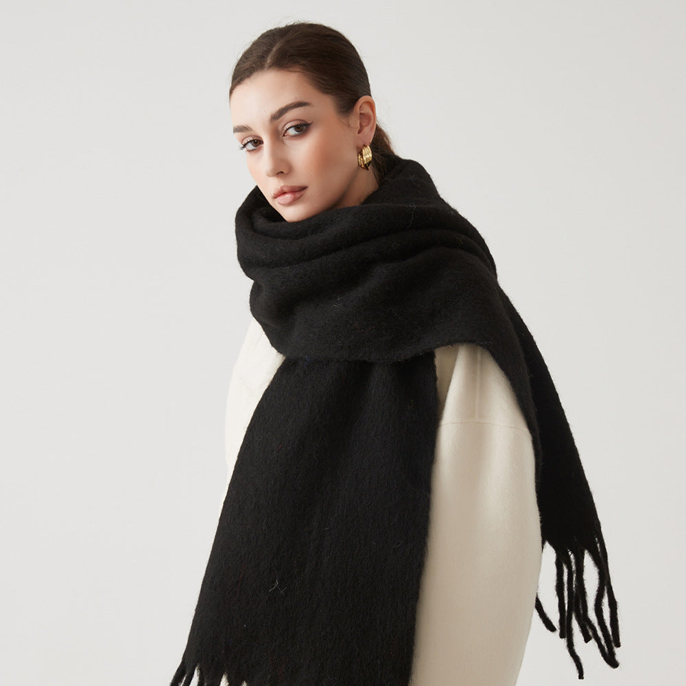 Women's wool hair scarf, solid black wrap with fringe ends and soft fuzzy texture