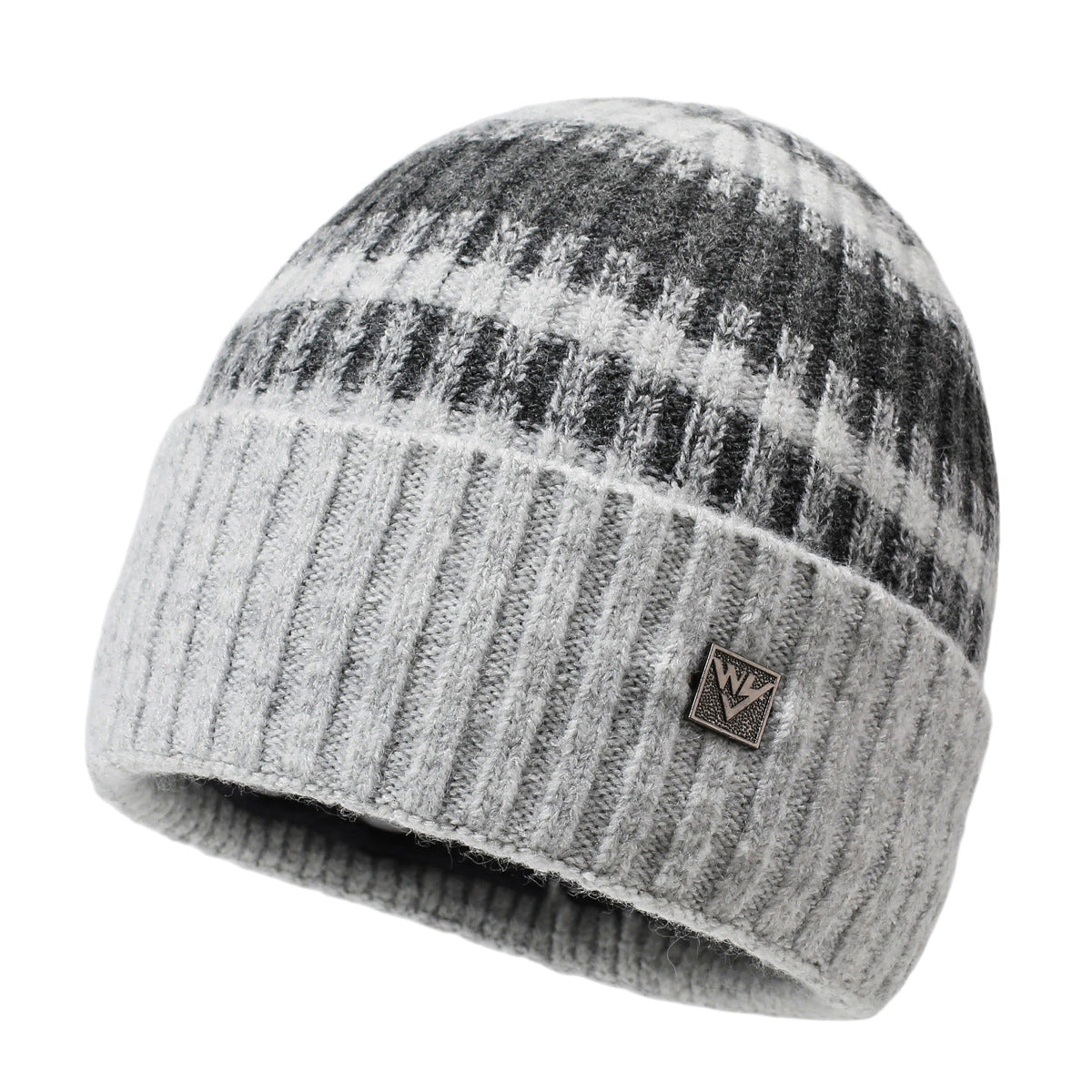 Light gray plaid knit beanie with ribbed texture and small leather-look logo patch