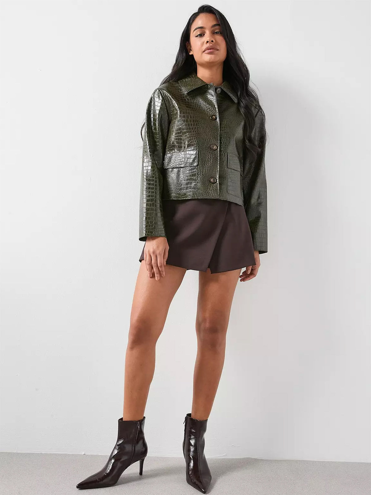 Croc Faux Leather Jacket for Women — Cropped Button Front with Chest Pockets