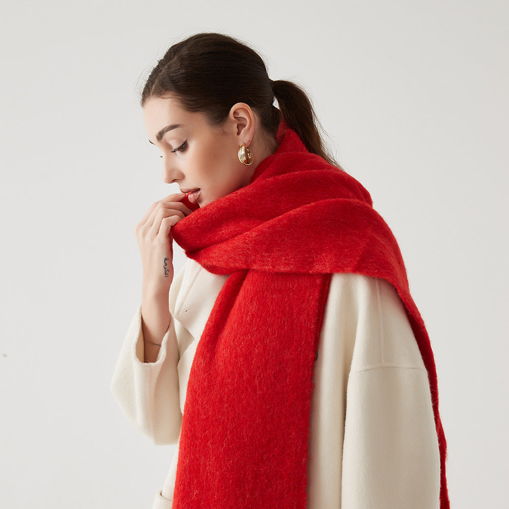 Women’s wool hair scarf, rich red solid wrap with soft fluffy texture