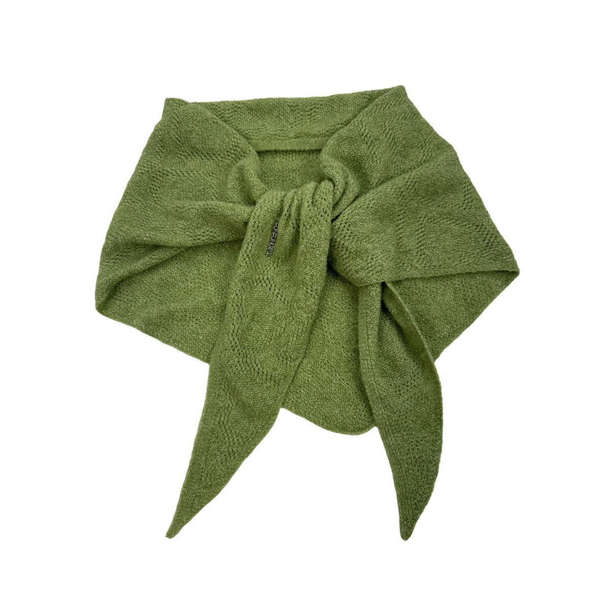 Wool triangle scarf with tied bow, textured knit, olive green color
