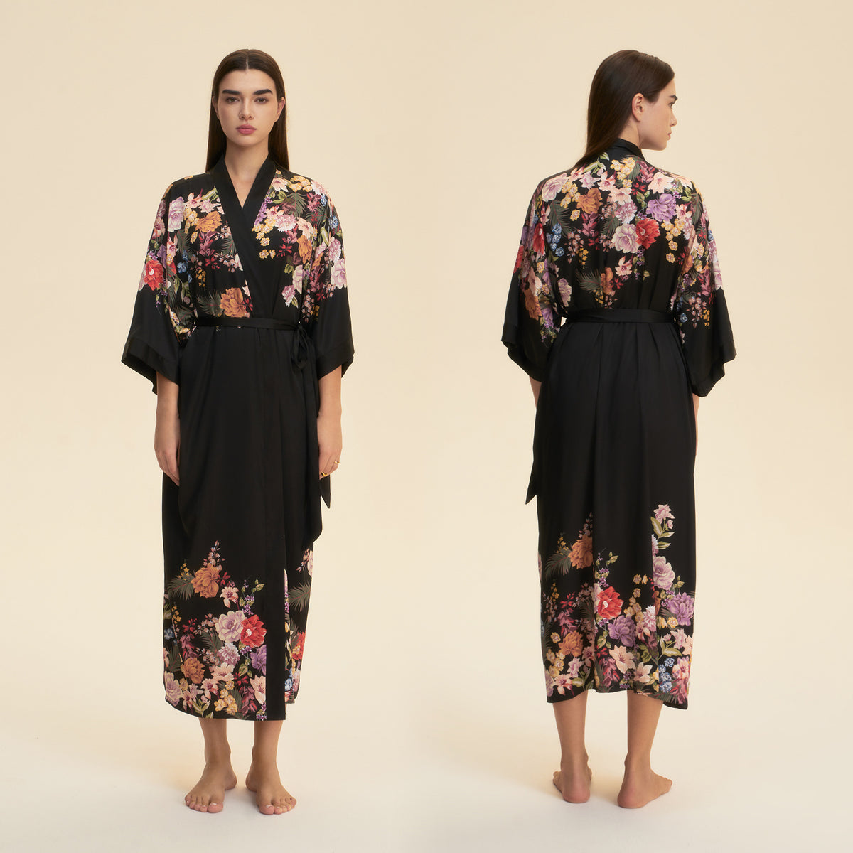 Black satin long robe with colorful floral print, belted waist and wide kimono sleeves