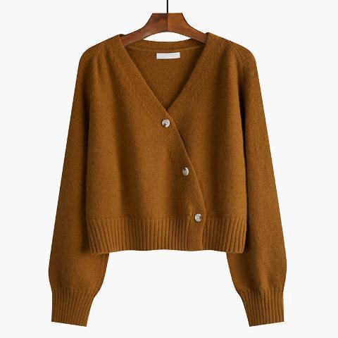 Women's knitted V-neck button cardigan, rust brown, long sleeves
