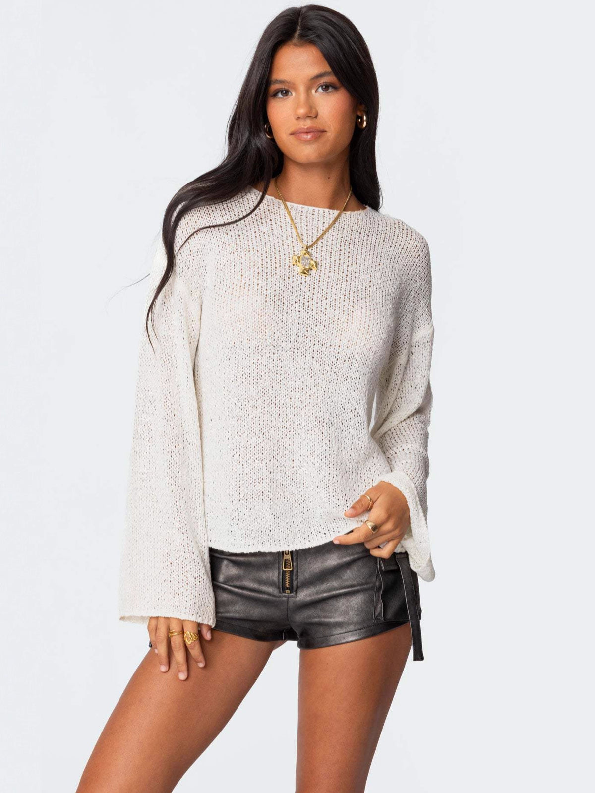 Women’s long-sleeve pullover sweater, light cream speckled knit, round neck