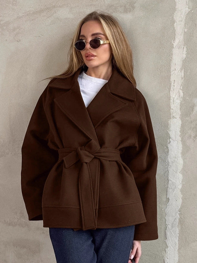 Wool Coat for Women — Short Belted Wrap Style with Notch Lapel and Dropped Shoulders
