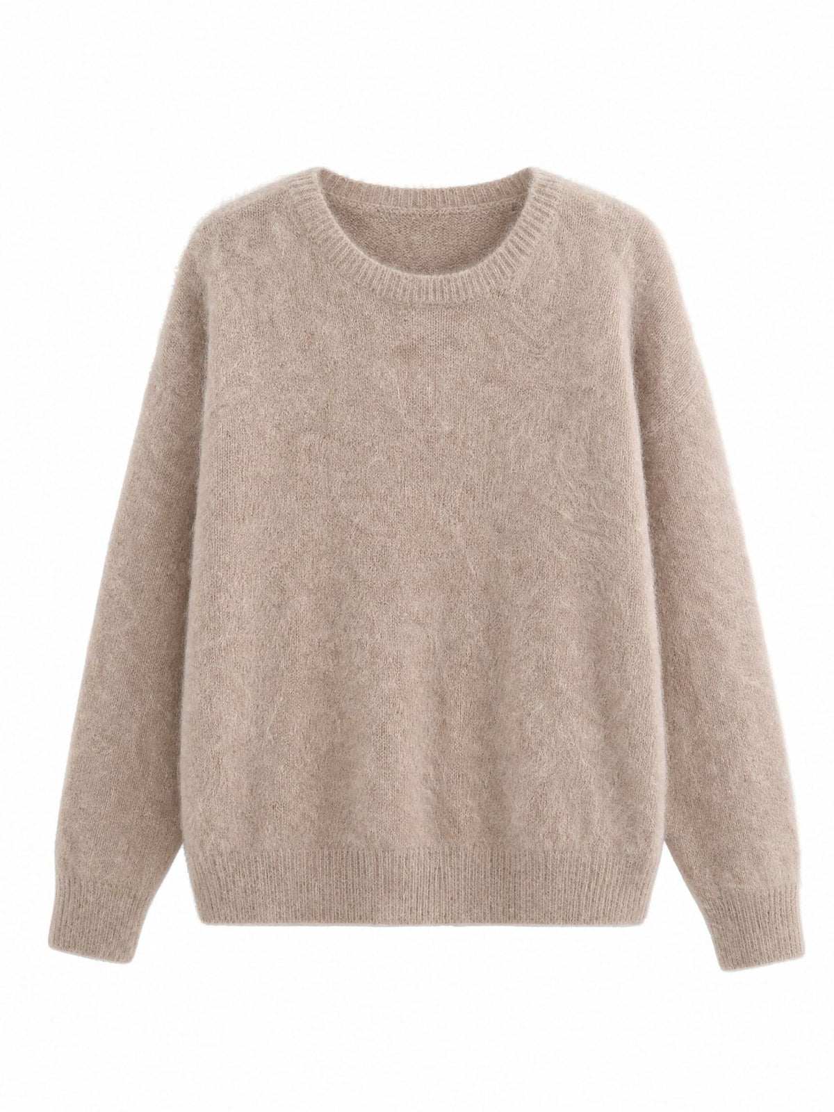 Women’s crew neck cashmere sweater in light taupe brushed knit with ribbed trim
