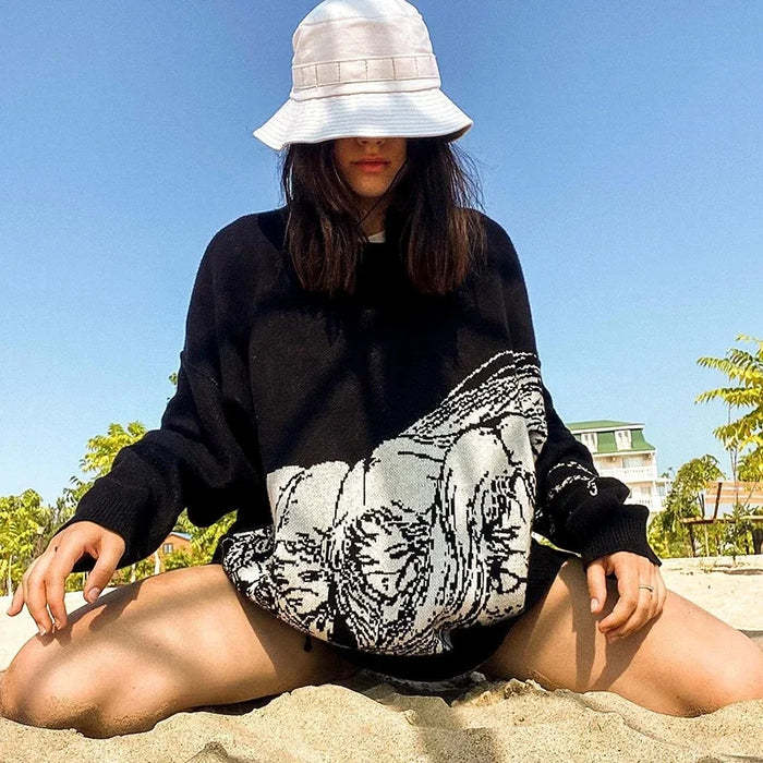 Graphic Knit Sweater for Women — Oversized Drop Shoulder Pullover in Cotton Blend