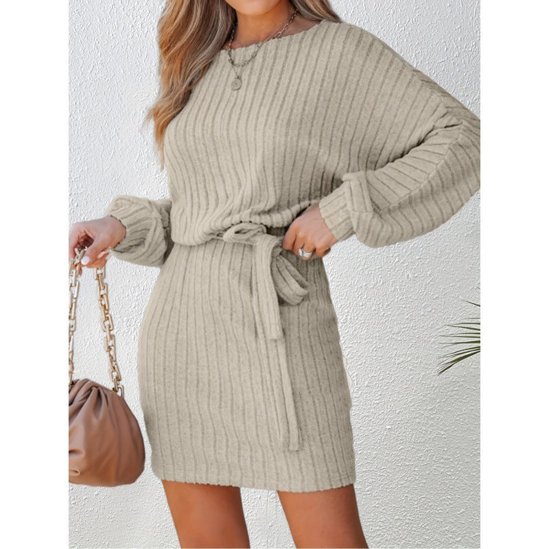 Belted Sweater Dress in a Mini Length — Batwing Sleeve Ribbed Knit with Tie Waist