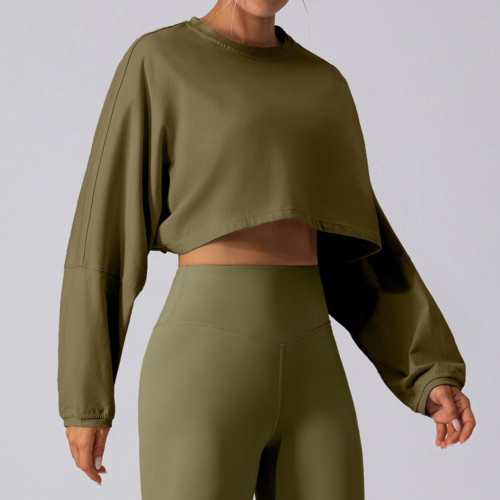 Women's cropped sweatshirt in army green, long sleeves, loose relaxed fit