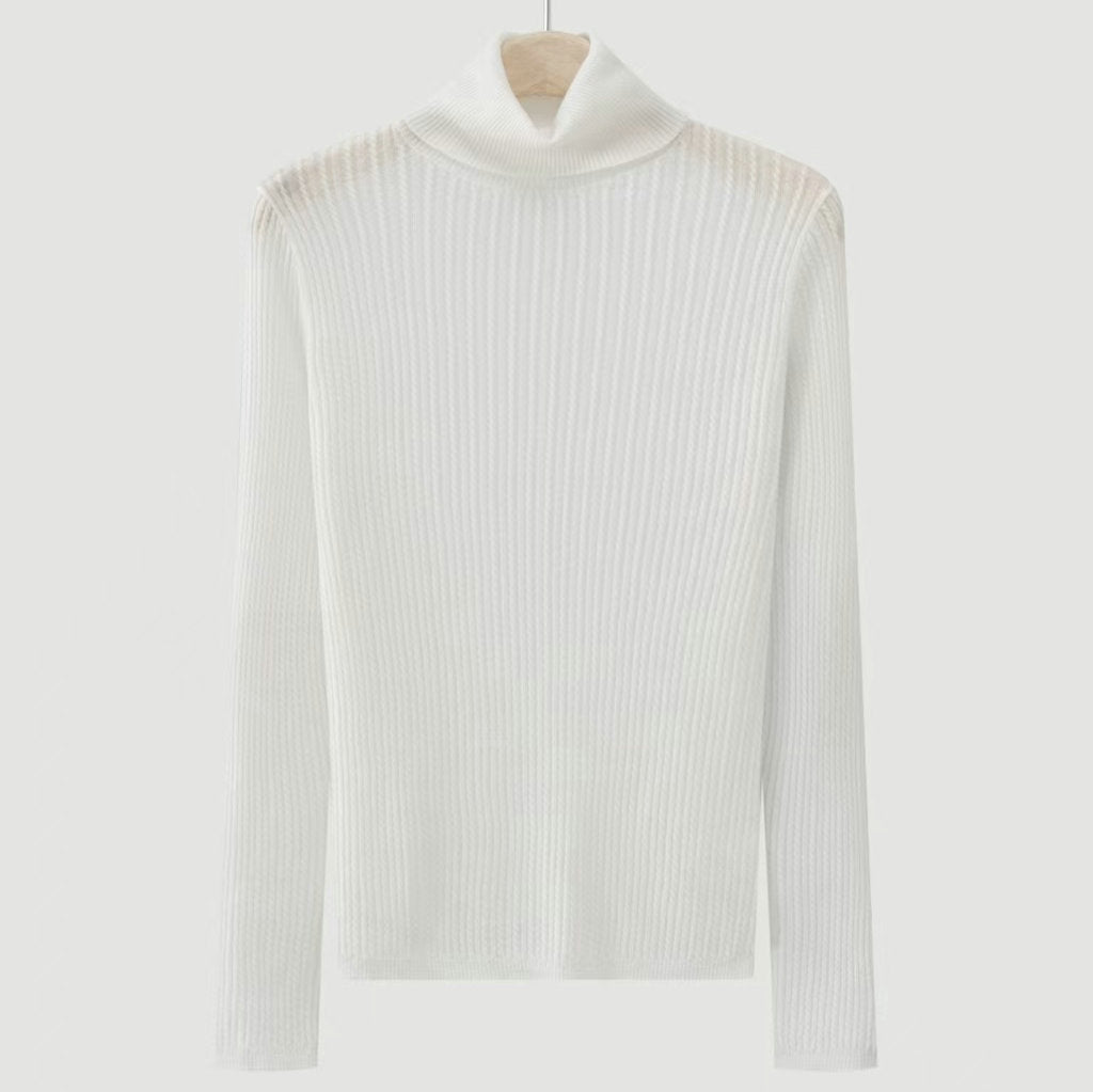 White high-neck knit sweater with ribbed texture and long sleeves