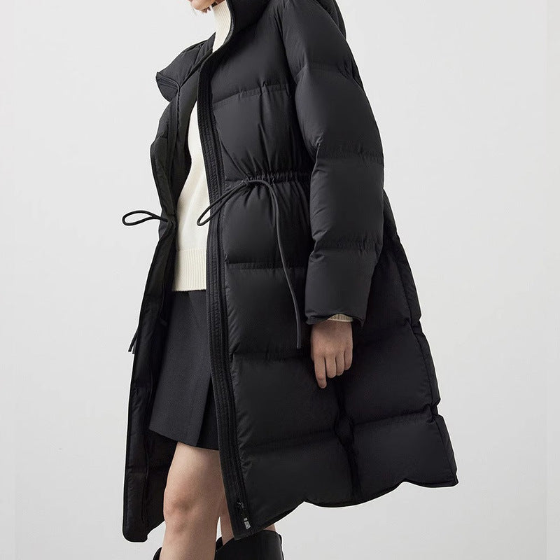 Women's hooded goose down puffer coat with drawstring waist, mid-length, black, close-up