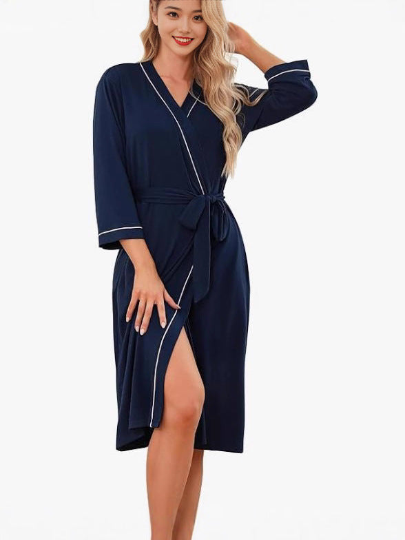 Navy kimono robe with V-neck, tie belt, 3/4 sleeves, front slit with white trim