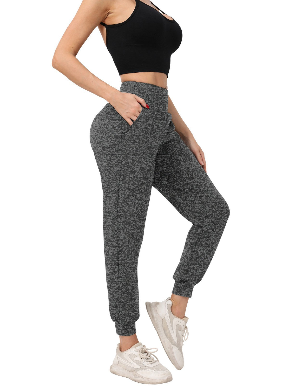 Jogger Pants for Women with Pockets — High Waisted Tapered Fit in Stretch Polyester