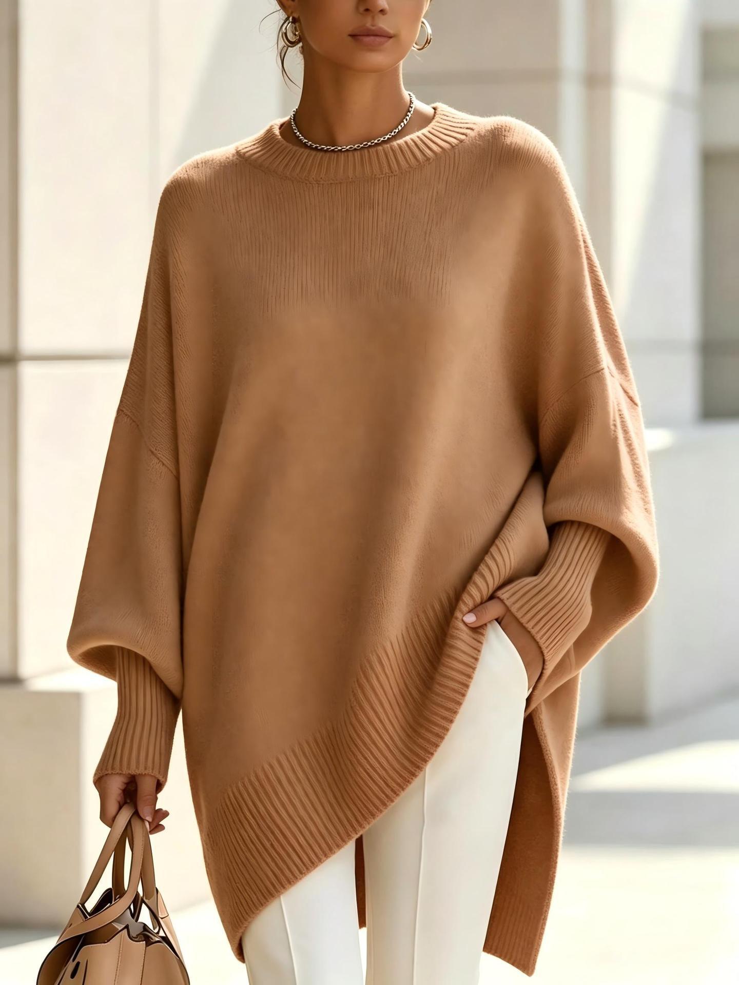 Oversized Sweater for Women — Batwing Sleeve Knit Pullover with Asymmetric Hem in Merino Wool