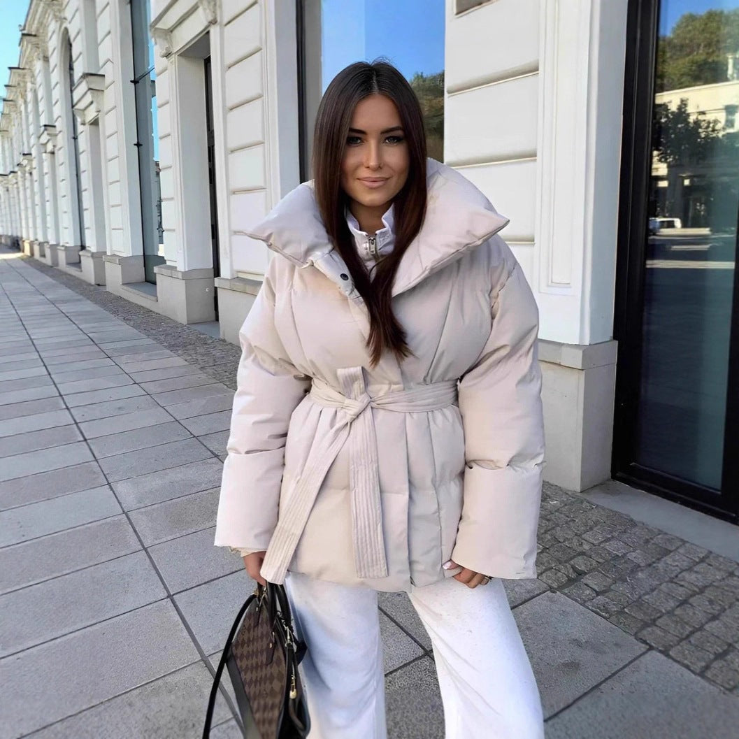 Women's cotton puffer coat, light hooded belted waist, long sleeves