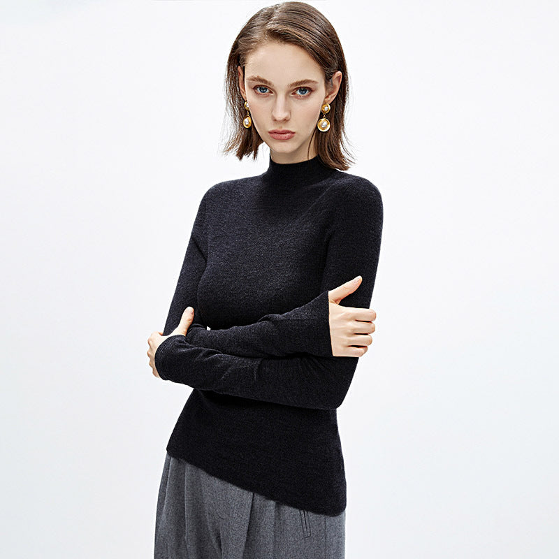 Merino wool turtleneck knit sweater, black, long sleeves, semi-high collar