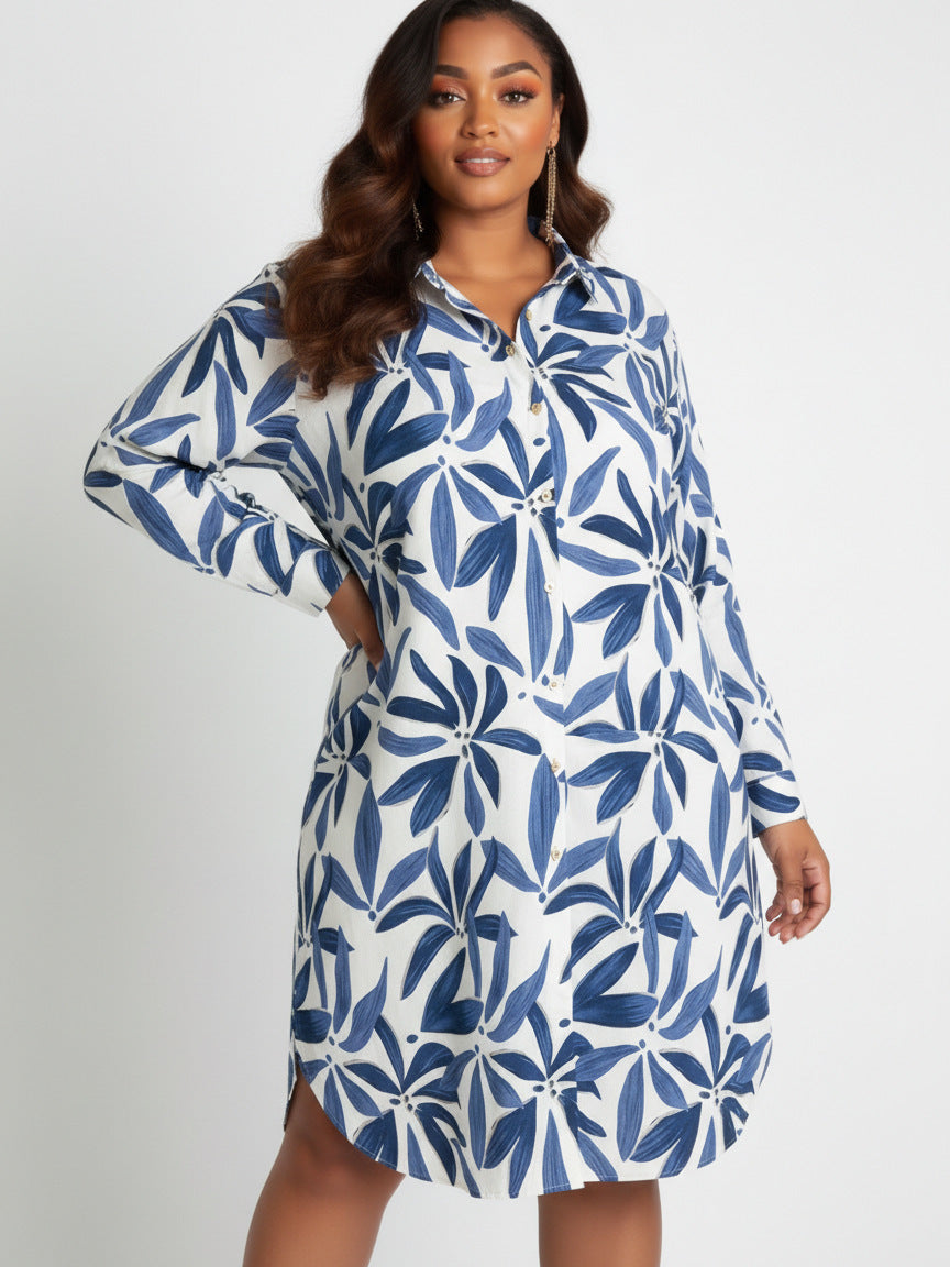 Blue and white floral leaf printed long-sleeve shirt dress with button front, front view