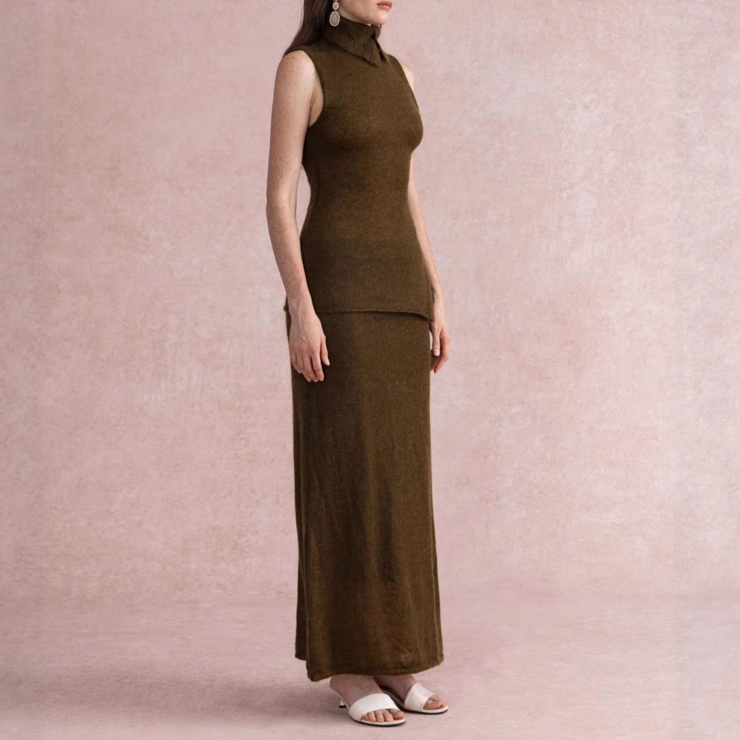 Sleeveless high-neck knitted top and long bodycon skirt set, dark brown, side view
