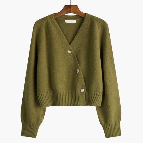 Women's knitted V-neck button cardigan, olive green, long sleeves