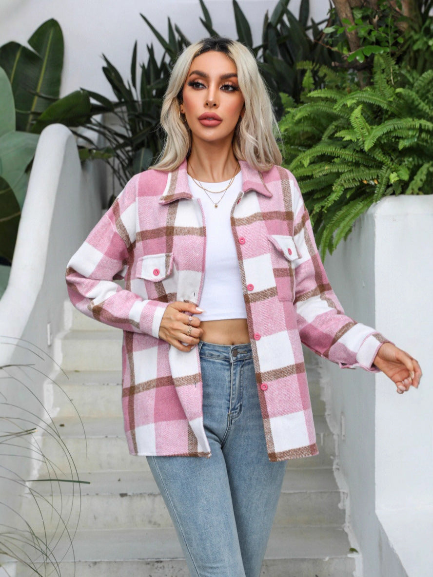 Plaid Shacket for Women — Oversized Button Front Shirt Jacket in Brushed Wool Blend