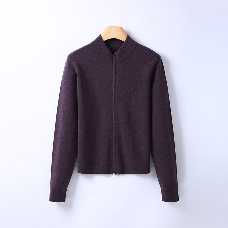 Dark purple knitted cardigan with stand-up collar and full front zipper, long sleeves