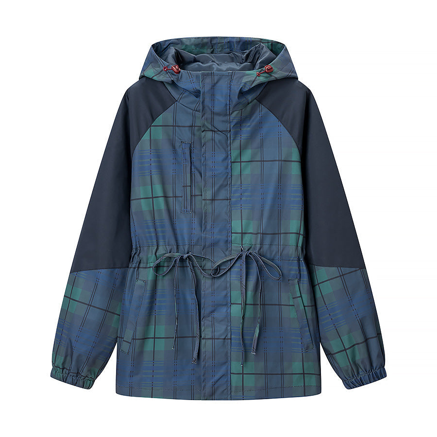 Dark blue plaid colorblock anorak windbreaker with hood, front zipper, drawstring waist