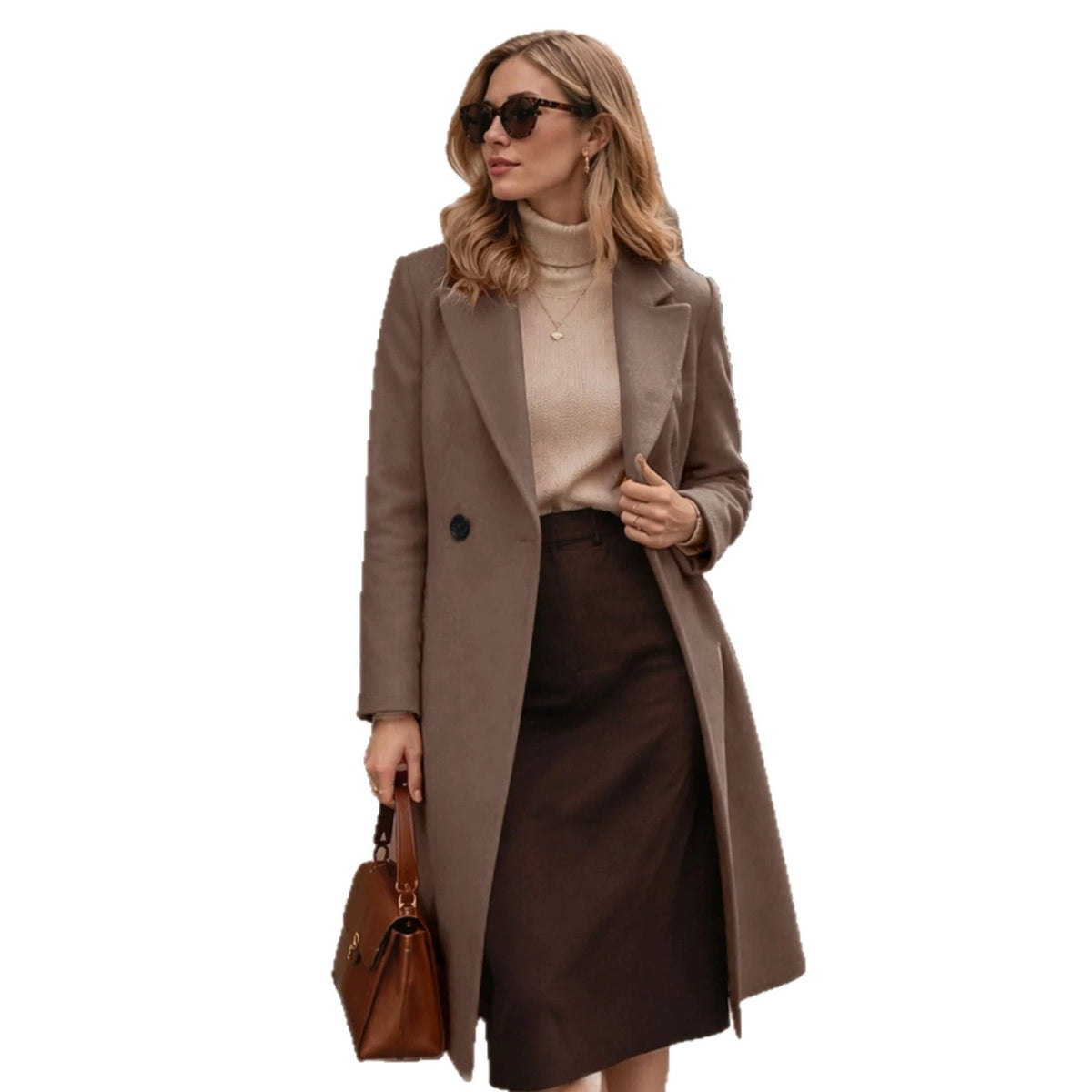 Long taupe single-button coat with notched lapels and a straight silhouette.