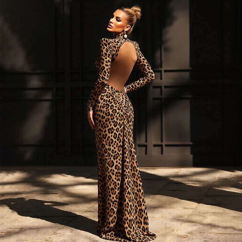 Leopard print backless maxi dress with high neck, long sleeves, draped back cutout