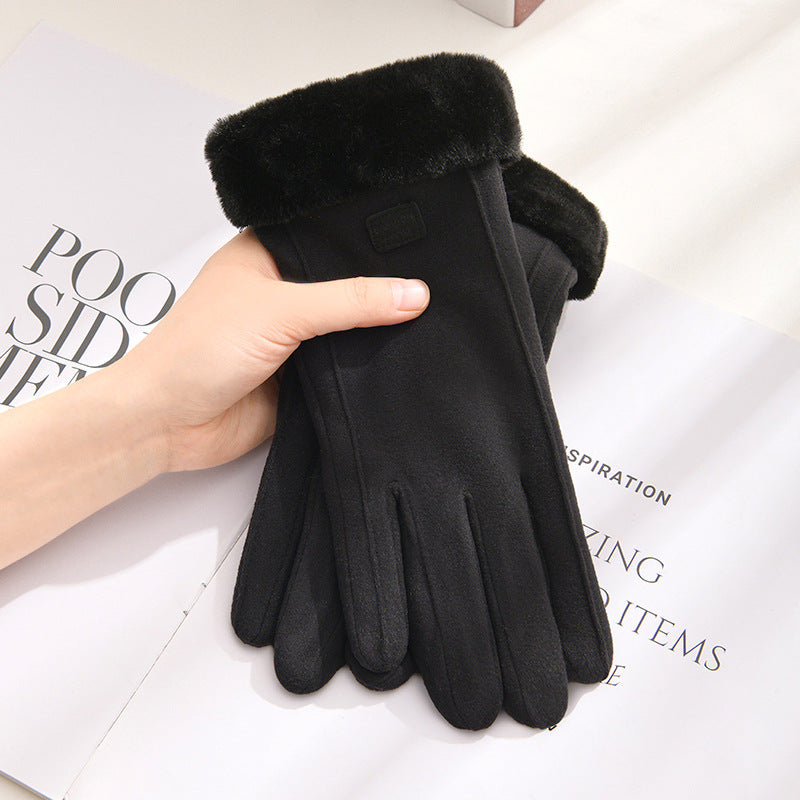 Women’s black winter gloves with fleece cuff and stitched finger panels
