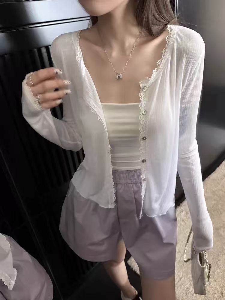 Women\u2019s sheer white lace-trim cardigan with button-front and long sleeves